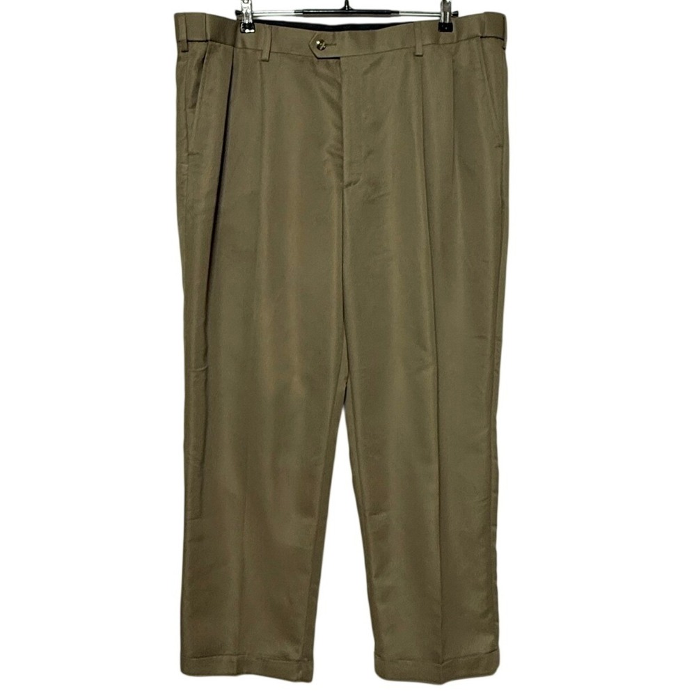 Savane Pants Men 42x30 Brown Pleated Cuffed Microfiber Performance Comfort Waist